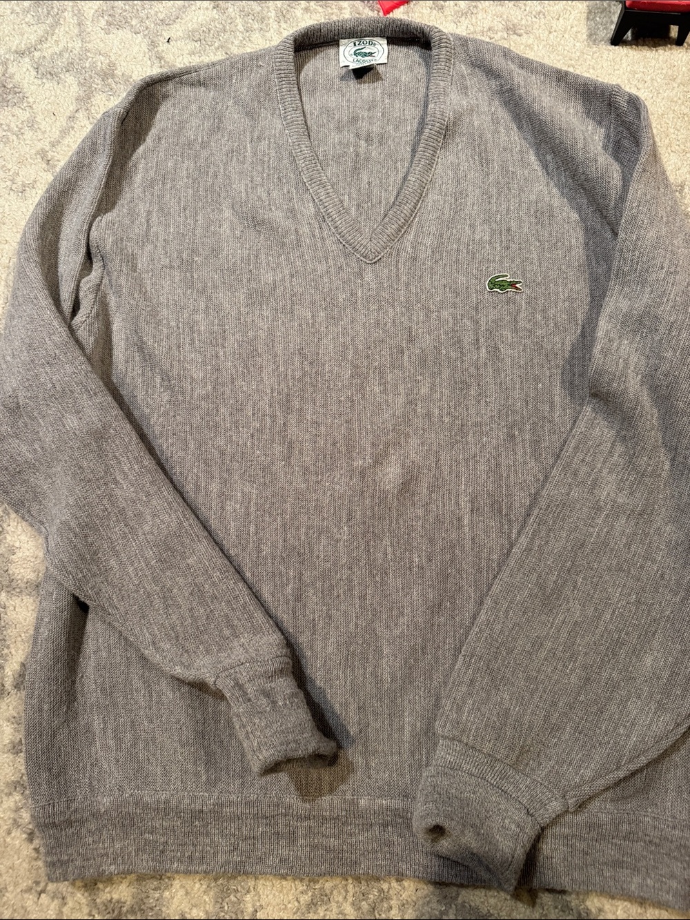 Vintage Lacoste Men's V-Neck Sweater in Bright Gray w/ Crocodile Logo size Large